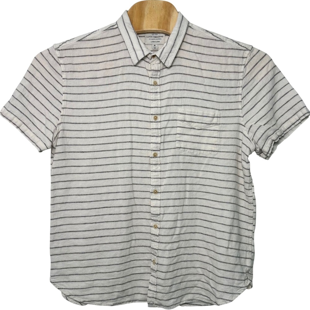 Lucky Brand Men XL Linen Blend Striped Short Sleeve Button Down Shirt White Gray